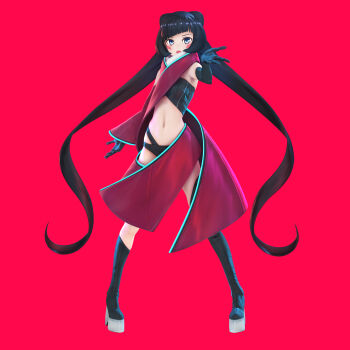 1girl 3d :o absurdres alternate_hair_length alternate_hairstyle artist_request asymmetrical_legwear azki_(1st_costume)_(hololive) azki_(hololive) black_boots black_gloves black_hair black_tube_top blunt_bangs boots commentary_request dress elbow_gloves facepaint gloves highres hololive knee_boots legs_apart long_hair long_sleeves looking_at_viewer mole mole_under_eye navel official_art open_clothes open_dress open_mouth outstretched_arm platform_boots platform_footwear red_background red_dress red_sleeves revealing_clothes sidelocks simple_background single_sleeve sleeves_past_wrists solo spread_fingers standing strapless thighhighs tube_top uneven_legwear virtual_youtuber wide_sleeves zipper