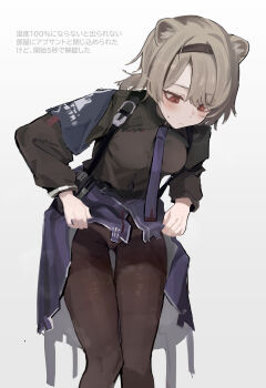 absinthe_(arknights) absurdres animal_ears arknights bear_ears bear_girl blue_jacket blue_necktie breasts brown_hair brown_pantyhose brown_shirt death_unagi grey_background highres jacket medium_breasts medium_hair necktie orange_eyes pantyhose shirt simple_background thigh_gap