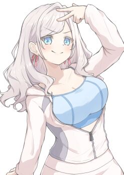 &gt;:) 1girl absurdres blue_sports_bra breasts ceras_yanagida_lilienfeld ceras_yanagida_lilienfeld_(winter_training_wear) cleavage closed_mouth commentary grey_hair hair_ribbon highres jacket large_breasts link!_like!_love_live! long_hair long_sleeves looking_at_viewer love_live! official_alternate_costume open_clothes open_jacket partially_unzipped pink_ribbon ribbon simple_background skirt smile solo split_mouth sports_bra upper_body v v-shaped_eyebrows v_over_head virtual_youtuber white_background white_jacket white_skirt zacuro