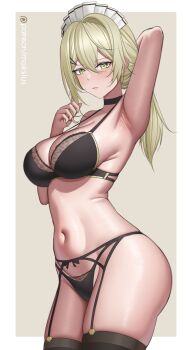 Rule 34 | 1girl, absurdres, arm behind head, armpits, black bra, black choker, black garter belt, black panties, black thighhighs, blonde hair, border, bra, breasts, choker, closed mouth, commentary, cow, cowboy shot, double-parted bangs, english commentary, expressionless, garter belt, girls' frontline, girls' frontline 2: exilium, green eyes, grey background, hair between eyes, hair ornament, hairclip, highres, holding own hair, large breasts, lingerie, long hair, looking at viewer, maid headdress, makslus, navel, outside border, panties, patreon logo, patreon username, sextans (girls' frontline 2), solo, standing, thighhighs, underwear, underwear only, watermark, web address, white border