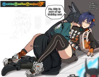 4girls absurdres animal_ears belle_(zenless_zone_zero) black_hair blue_hair blush fox_ears fox_girl green_eyes hair_ornament highres hoshimi_miyabi kiss kissing_neck letter_hair_ornament long_hair multiple_girls one_eye_closed tailless_(zenless_zone_zero) trembling trigger_(zenless_zone_zero) tsukishiro_yanagi twitter_strip_game_parody very_long_hair yuri zanqi zenless_zone_zero