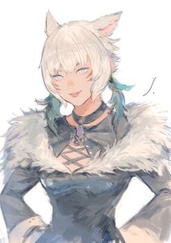1girl animal_ears black_choker black_dress breasts cat_ears cat_girl choker closed_mouth commentary_request dress facial_mark final_fantasy final_fantasy_xiv fur-trimmed_dress fur_trim grey_eyes hands_on_own_hips highres j2_path light_smile medium_breasts miqo&#039;te pendant_choker short_hair solo white_background white_hair y&#039;shtola_rhul