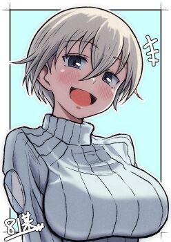 1girl absurdres blonde_hair blue_background blue_eyes blue_sweater blush brave_witches breasts highres large_breasts looking_at_viewer nikka_edvardine_katajainen open_mouth short_hair simple_background solo sweater tama_kitsune turtleneck turtleneck_sweater upper_body world_witches_series