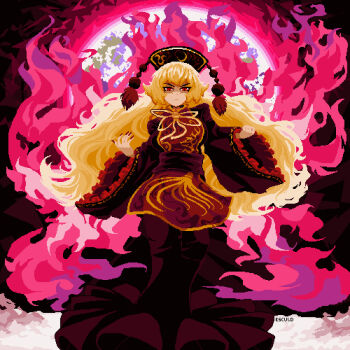 Rule 34 | 1girl, artist name, black dress, blonde hair, closed mouth, commentary, dalachi (headdress), dress, energy, esculd, fingernails, full body, highres, junko (touhou), long fingernails, long hair, long sleeves, looking at viewer, pixel art, red eyes, red nails, red tabard, solo, tabard, touhou, v-shaped eyebrows, wide sleeves