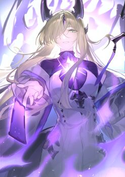 1girl absurdres arknights black_horns black_shirt blonde_hair chinese_commentary commentary_request dress fire green_eyes hair_over_one_eye highres horns light_particles long_hair looking_at_viewer magic necrass_(arknights) off_shoulder one_eye_covered purple_fire pyrokinesis san_jin_(xinjinjumin1962849) shirt smile solo white_dress