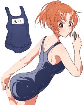 1girl abe_nana ass blue_one-piece_swimsuit brown_eyes brown_hair commentary_request from_behind highres idolmaster idolmaster_cinderella_girls leaning_forward looking_at_viewer name_tag old_school_swimsuit one-piece_swimsuit ponytail school_swimsuit short_hair simple_background solo swimsuit unworn_swimsuit white_background yairo_ju