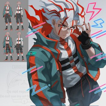 Rule 34 | 1boy, adjusting eyewear, black gloves, black nails, black pants, blue jacket, chest strap, closed mouth, cowboy shot, dandadan, facial mark, fingerless gloves, glasses, gloves, hashtag-only commentary, highres, jacket, male focus, multicolored hair, open clothes, open jacket, pants, red eyes, red hair, round eyewear, shirt, takakura ken (dandadan), takakura ken (transformed) (dandadan), transformation, two-tone hair, white hair, white shirt, wolf6481