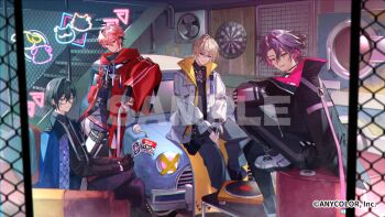 Rule 34 | 4boys, black gloves, black hair, black pants, black shirt, blonde hair, blue jacket, blue pants, car, chain-link fence, chair, coat, commentary request, copyright notice, couch, crossed legs, dartboard, electric fan, feet out of frame, fence, flipped hair, frown, fura kanato, fura kanato (1st costume), glasses, gloves, indoors, jacket, jacket on shoulders, jisshu, long sleeves, looking at viewer, male focus, motor vehicle, multiple boys, nail polish, neon lights, nijisanji, official art, pants, phonograph, pink hair, pink jacket, purple hair, red coat, red hair, sample watermark, seraph dazzlegarden, seraph dazzlegarden (1st costume), shikinagi akira, shikinagi akira (1st costume), shirt, shoes, short hair, sitting, smile, sneakers, stairs, two-sided fabric, two-sided jacket, virtual youtuber, voltaction, watarai hibari, watarai hibari (1st costume), watermark, white jacket, white shirt, yellow eyes