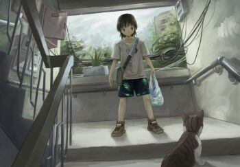 1girl bag bin_jiang brown_eyes brown_hair cat check_commentary commentary_request highres leaf_print original short_hair shorts shoulder_bag stairs