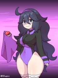 Rule 34 | 1girl, alfwenx, breasts, cameltoe, cosplay, creatures (company), curvy, game freak, hetero, hex maniac (pokemon), highleg, highleg leotard, highres, holding, holding poke ball, large breasts, leotard, long hair, looking at viewer, nervous smile, nintendo, nude, poke ball, pokemon, pokemon xy, shiny skin, smile, solo, standing, sweat, thick thighs, thighhighs, thighs, twitter username, very long hair, wavy mouth