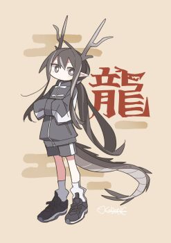 1girl absurdres aida_(aidia) antlers black_hair black_jacket black_shoes black_shorts closed_mouth dot_nose double-parted_bangs dragon_girl dragon_horns dragon_tail full_body grey_horns grey_streaks hair_between_eyes hands_in_opposite_sleeves highres horns jacket long_hair long_sleeves looking_at_viewer multicolored_hair original shoes shorts sneakers socks solo standing streaked_hair tail white_socks zipper