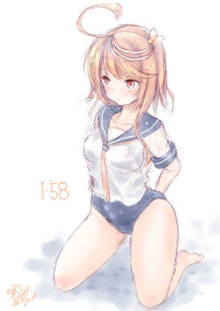 1girl ahoge blue_sailor_collar blush character_name commentary_request dated hair_ornament i-58_(kancolle) kantai_collection koshigaya_tatsumi one-piece_swimsuit pink_hair sailor_collar school_swimsuit school_uniform serafuku shirt short_hair signature smile solo swimsuit swimsuit_under_clothes wet wet_clothes wet_shirt wet_swimsuit