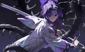 Rule 34 | 1girl, absurdres, animal print, belt, black background, black jacket, black pants, blood, blood on clothes, blood on face, bug, butterfly hair ornament, butterfly print, butterfly print haori, centipede, chinese commentary, closed mouth, commentary request, demon slayer uniform, hair ornament, haori, highres, holding, holding sheath, holding sword, holding weapon, jacket, japanese clothes, kimetsu no yaiba, kochou shinobu, looking at viewer, no pupils, pants, parted bangs, print haori, purple eyes, purple hair, sheath, shortofsugar, sidelocks, solo, sword, unsheathing, upper body, weapon, white belt