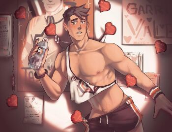 1boy black_hair blush bottle character_request check_character collarbone commentary cowboy_shot english_commentary heart holding holding_bottle looking_at_viewer male_focus navel_hair nipples pubic_stubble short_hair short_shorts shorts solo spacenipnops takashi_shirogane tank_top teeth toned toned_male voltron:_legendary_defender voltron_(series) water_bottle