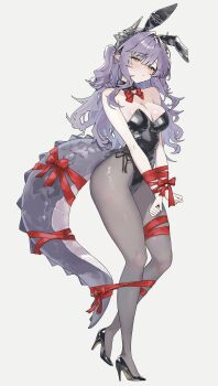 1girl absurdres animal_ears bdsm black_horns black_leotard black_pantyhose black_shoes blush bondage bound bow bowtie breasts cleavage commentary detached_collar dragon_girl dragon_horns dragon_tail english_commentary fake_animal_ears full_body gem hair_intakes high_heels highleg highleg_leotard highres horns lamancha_1110 leotard long_hair looking_at_viewer medium_breasts pantyhose pink_gem playboy_bunny pointy_ears purple_hair red_bow red_bowtie red_ribbon restrained ribbon sakihane_huya shoes simple_background standing stellive strapless strapless_leotard swept_bangs tail tail_bow tail_ornament virtual_youtuber white_background yellow_eyes