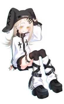 Rule 34 | 1girl, absurdres, animal ears, animal hat, ankle belt, arm support, arm up, belt, belt buckle, black belt, black boots, black hat, black nails, black skirt, black thighhighs, blonde hair, blush, boots, buckle, closed mouth, colored eyelashes, commentary request, cross, cross patty, ear piercing, earrings, face piercing, fake animal ears, fingernails, flipped hair, full body, gakuen idolmaster, hair ornament, hairclip, hat, highres, idolmaster, jacket, jewelry, knees up, lace-up boots, latin cross, leg warmers, long hair, long sleeves, looking at viewer, miniskirt, mouth piercing, nail polish, orange eyes, parted bangs, pierced hat, piercing, platform boots, pleated skirt, rabbit hat, ring, shinosawa hiro, simple background, sitting, skirt, smile, solo, striped clothes, striped jacket, thigh belt, thigh strap, thighhighs, upskirt, white background, white jacket, white leg warmers, x hair ornament, yabi fashion, yorshka517, zipper