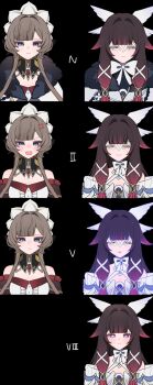 22_rink 2girls absurdres anger_vein bare_shoulders black_background black_collar blue_eyes blush bonnet bow brown_hair center_frills closed_eyes closed_mouth coat collar columbina_(genshin_impact) detached_collar dress eye_mask fatui_coat frills fur-trimmed_coat fur_trim gem genshin_impact hair_ribbon head_wings highres long_hair mask multicolored_hair multiple_girls multiple_views open_mouth pink_hair purple_eyes red_gem red_hair ribbon sandrone_(genshin_impact) simple_background smile streaked_hair white_bow white_coat white_dress white_ribbon white_wings wings