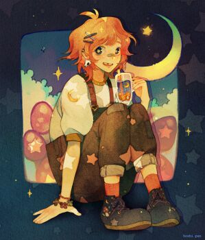 Rule 34 | 1girl, antenna hair, artist name, bandaid, bandaid on face, bandaid on nose, bead bracelet, beads, blue background, blue eyes, blue shoes, bow, bracelet, brown bow, brown overalls, bubble tea, buckle, cloud, commentary, crescent moon, crescent print, cup, drinking straw, ear piercing, earrings, english commentary, eyelashes, flower bracelet, food print, footwear bow, full body, glass, hair ornament, hairclip, highres, holding, holding cup, hoshi-pan, jewelry, knees up, leaf print, looking at viewer, moon, mushroom, mushroom print, night, night sky, open mouth, orange hair, original, overalls, piercing, puffy short sleeves, puffy sleeves, red socks, shirt, shoes, short hair, short sleeves, sitting, skull earrings, sky, smile, sneakers, socks, solo, sparkle, star (sky), star (symbol), star in eye, starry background, symbol in eye, teeth, tooth gap, upper teeth only, white shirt, x hair ornament