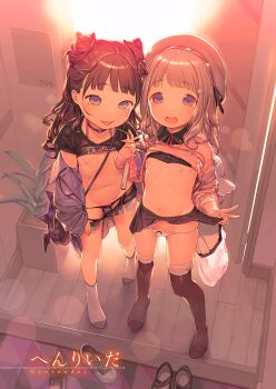 2girls :d :p backlighting backpack bad_id bad_yandere_id bag beret black_footwear black_panties black_shirt black_shorts black_skirt blonde_hair blue_eyes blush bow bow_panties breasts brown_eyes brown_hair brown_legwear clothes_lift collar collarbone collared_shirt come_hither condom condom_packet_strip condom_wrapper double_bun feet fingernails fur-trimmed_legwear fur_trim grey_headwear gyaru hair_bun hair_ornament hat henreader highres holding holding_condom holding_hands indoors interlocked_fingers jacket jirai_kei jojifuku kodomo_doushi lifting_own_clothes loli long_hair looking_at_viewer multiple_girls nipples no_shoes off_shoulder open_clothes open_fly open_jacket open_mouth open_shorts original panties pink_jacket plant potted_plant purple_eyes purple_jacket revealing_clothes round_teeth shirt shirt_lift shoes short_shorts short_sleeves shorts shoulder_bag skirt skirt_lift sleeves_past_wrists small_breasts smile socks standing sweat teeth thighhighs tongue tongue_out underwear unworn_shoes upper_teeth_only v white_footwear white_legwear white_panties wooden_floor yuri