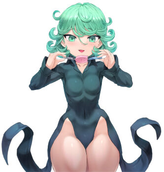 breasts crime_prevention_buzzer green_eyes green_hair highres mogudan one-punch_man simple_background small_breasts solo tatsumaki white_background