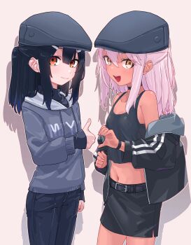 2girls :d absurdres bare_shoulders belt black_choker black_hair black_hat black_jacket black_pants black_skirt black_tank_top blush chloe_von_einzbern chloe_von_einzbern_(archer_install) choker commentary_request commission dark-skinned_female dark_skin drop_shadow fate/kaleid_liner_prisma_illya fate_(series) flat_cap flat_chest grey_hoodie hair_ornament hairclip half_updo hat heart_hands_failure highres hood hoodie jacket jacket_partially_removed long_hair long_sleeves looking_at_viewer midriff miyu_edelfelt miyu_edelfelt_(magical_girl) multiple_girls navel niwaikanai off_shoulder open_mouth orange_eyes outside_border panties pants pencil_skirt pink_background pink_hair ponytail print_hoodie shirt_under_sweater sidelocks simple_background skeb_commission skirt sleeves_past_wrists smile tank_top thumbs_up underwear wristband