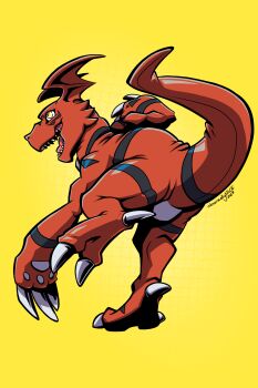 Rule 34 | abnormallynice, artist name, claws, colored skin, digimon, digimon (creature), guilmon, highres, no humans, open mouth, red skin, simple background, solo, tail, yellow background