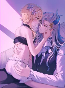 1boy 1girl alternate_costume back black_shirt black_vest blonde_hair blue_hair blush closed_mouth flower genshin_impact hair_between_eyes hair_flower hair_ornament highres long_hair long_sleeves looking_back lumine_(genshin_impact) multicolored_hair neuvillette_(genshin_impact) open_clothes open_mouth open_shirt senasolumi shirt shorts streaked_hair tears vest white_hair white_shirt white_shorts yellow_eyes