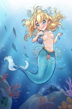 1girl absurdres alternate_costume blonde_hair blue_eyes blush breasts bubble coral earrings fish gem hair_ornament highres hyperlolicrisis jashin-chan jashin-chan_dropkick jewelry long_hair mermaid monster_girl navel necklace nipples open_mouth pearl_(gemstone) polearm pussy trident underwater weapon