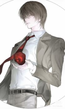 Rule 34 | 1boy, 8knff, apple, belt, black belt, brown eyes, brown hair, brown jacket, brown pants, closed mouth, collared shirt, cowboy shot, cropped legs, death note, food, fruit, hair between eyes, holding, holding food, holding fruit, jacket, male focus, necktie, pants, red necktie, shirt, short hair, solo, white background, white shirt, yagami light