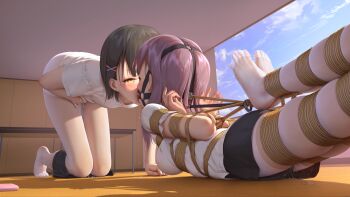 2girls arms_behind_back ball_gag bdsm black_hair black_shorts bondage bound bound_ankles bound_arms bound_legs bound_torso breasts cellphone clothes_pull commentary_request controller crotch_rope day drooling eye_contact female_focus female_masturbation fingering forced_orgasm gag gag_harness gagged hair_ornament hairclip highres himitsu_(hi_mi_tsu_2) hina_saori_(himitsu) hogtie implied_vibrator indoors kamikawa_sumire_(himitsu) kiss kneeling leaning_forward long_hair looking_at_another lying masturbation medium_breasts multiple_girls no_shoes on_floor on_stomach original pantyhose phone purple_hair pussy_juice pussy_juice_puddle pussy_juice_trail remote_control remote_control_vibrator rope saliva saliva_trail shibari shibari_over_clothes shirt short_hair short_shorts short_sleeves shorts shorts_pull skindentation smartphone spread_toes sunlight toes variant_set vibrator white_legwear white_shirt wooden_floor x_hair_ornament yellow_eyes yuri