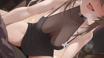 1girl absurdres aogiri_koukou bare_arms bare_shoulders black_choker black_dress breasts breasts_apart choker commentary covered_collarbone dress dutch_angle facing_viewer fangs head_out_of_frame heavy_breathing highres kkix25 kurikoma_komaru medium_breasts naughty_face open_mouth short_dress sleeveless sleeveless_dress smile solo spaghetti_strap spread_legs sweat thighs tongue tongue_out virtual_youtuber