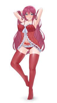 absurdres armpits babydoll blue_eyes blush breasts commission grisaia_(series) hair_lift highres huge_breasts legs lingerie lip_licking long_hair nvl pubic_tattoo red_hair suou_amane tattoo thighhighs underwear