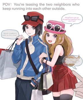 Rule 34 | 1girl, 2boys, arm hug, bag, black pants, black shirt, blue jacket, bracelet, calem (pokemon), english text, eyewear on headwear, grey eyes, hand in pocket, hand up, hat, jacket, jewelry, long hair, long sleeves, multiple boys, nintendo, open mouth, pants, pink hat, pleated skirt, pokemon, pokemon xy, red hat, red skirt, serena (pokemon), shirt, shopping bag, skirt, sleeveless, sleeveless shirt, speech bubble, sunglasses, teeth, thighhighs, tyou08665851