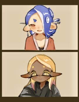 Rule 34 | 2girls, alternate costume, alternate hairstyle, blonde hair, blue hair, colored eyelashes, colored tips, dark-skinned female, dark skin, fang, frye (splatoon), hair down, hair over one eye, highres, inkling, long pointy ears, looking at viewer, multicolored hair, multiple girls, nintendo, octoling, open mouth, pink hair, pointy ears, shiver (splatoon), short eyebrows, skin fang, splatoon (series), splatoon 3, thick eyebrows, two-tone hair, yellow eyes, yuyumo296809
