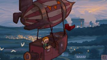1girl aircraft airship animated animated_gif bird blonde_hair bunting city_lights cloud cloudy_sky cooling_tower dawn dirigible flag hat highres holding holding_map horizon landscape looping_animation map morning orange_hat original outdoors pixel_art rope scrunchybean sky solo steam wind