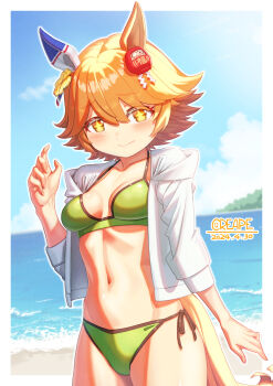 +_+ 1girl animal_ears beach bikini blue_sky blush breasts closed_mouth cloud clover_hair_ornament collarbone commentary_request creape daruma_doll daruma_doll_hair_ornament ear_covers flipped_hair four-leaf_clover_hair_ornament green_bikini hair_between_eyes hair_ornament highres hood hood_down hooded_jacket hoodie horse_ears horse_girl horse_tail jacket looking_at_viewer matikanefukukitaru_(umamusume) medium_breasts navel open_clothes open_jacket orange_hair outdoors short_hair single_ear_cover sky smile solo stomach swimsuit tail umamusume water white_jacket