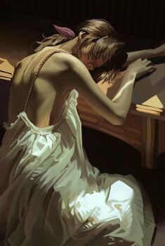 1girl aerith_gainsborough alternate_costume back backless_dress backless_outfit bare_arms bare_shoulders braid braided_ponytail closed_eyes dress final_fantasy final_fantasy_vii hair_ribbon highres jeseni kneeling long_dress long_hair parted_bangs pink_ribbon ribbon sidelocks solo upper_body white_dress