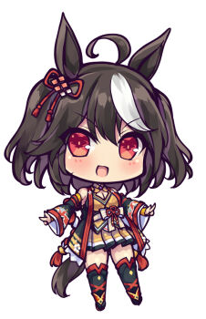 1girl ahoge akikaze_tsumuji animal_ears black_hair blush bow braid breasts chanchanko_(clothes) commentary_request ear_ornament ear_ribbon flower_ornament hair_between_eyes hair_ornament half_up_braid horse_ears horse_girl horse_tail kitasan_black_(crowning_ooban)_(umamusume) kitasan_black_(umamusume) kouhaku_nawa looking_at_viewer multicolored_hair open_mouth red_eyes rope shimenawa short_hair smile solo streaked_hair tail umamusume white_hair