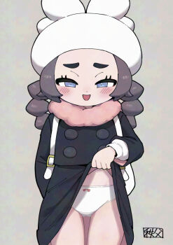 1girl :d ansha_(pokemon) backpack bag black_coat blue_eyes blush chichibu_(watson) coat commentary_request commission eyelashes flashing half-closed_eyes hat lifting_own_clothes loli long_hair long_sleeves looking_at_viewer nintendo open_mouth panties pink_scarf pokemon pokemon_legends:_z-a scarf signature simple_background skeb_commission smile solo underwear white_bag white_hat white_panties