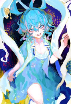 1girl blue_dress blue_hair breasts cleavage dress hair_ornament hair_rings hair_stick hat_ornament highres kaku_seiga looking_at_viewer mashi_(pixiv_zcjd2538) ofuda open_clothes open_vest shawl short_hair short_sleeves smile solo touhou vest white_vest