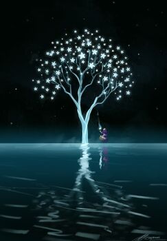 Rule 34 | 1other, basket, hijab, holding, holding basket, night, original, outdoors, outstretched hand, painterly, purple hijab, reflective floor, scenery, solo, star (symbol), symbolism, white tree, zandra