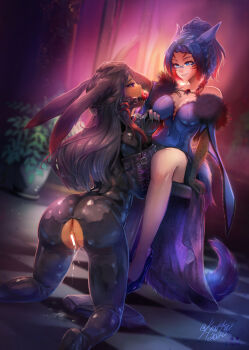 animal_ears anus armbinder ball_gag bar_censor bdsm black_bodysuit black_gloves black_hair blue_eyes bodysuit braid breasts cat_ears cat_tail censored crotchless dark-skinned_female dark_skin dress drooling elbow_gloves facial_mark femdom final_fantasy final_fantasy_xiv gag gagged glasses gloves hand_on_another&#039;s_head high_heels highres kneeling kyattsu large_breasts long_hair medium_hair miqo&#039;te purple_dress purple_eyes purple_hair pussy rabbit_ears rimless_eyewear single_braid sitting tail viera warrior_of_light_(ff14) whisker_markings