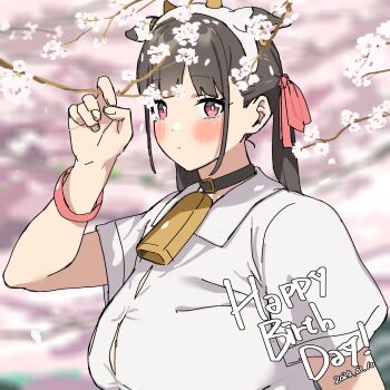 1girl animal_ear_hairband animal_ears animal_print bell black_collar black_hair blurry blurry_background blush borrowed_character branch breasts button_gap cherry_blossoms closed_mouth collar collared_shirt cow_ear_hairband cow_ears cow_girl cow_horns cow_print cowbell dated dress_shirt earrings english_text expressionless fake_animal_ears fake_horns futao_miruku_(riki) hair_ribbon hairband hand_up happy_birthday hasubou_(isaribashi) highres holding holding_branch hoop_earrings horn_hairband horns jewelry large_breasts long_hair mole mole_under_eye neck_bell original pink_eyes red_ribbon ribbon shirt short_sleeves sidelocks solo twintails white_hairband white_shirt wristband