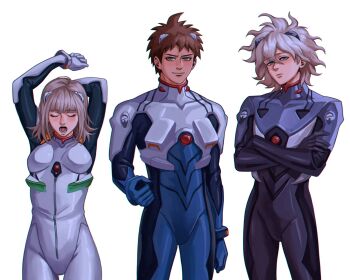 Rule 34 | 1girl, 2boys, ahoge, arms up, black bodysuit, blue bodysuit, blue gloves, blunt bangs, bodysuit, breasts, brown eyes, brown hair, closed eyes, closed mouth, covered collarbone, cowboy shot, crossed arms, danganronpa (series), danganronpa 2: goodbye despair, frown, gloves, grey eyes, grey hair, hair between eyes, headgear, highres, hinata hajime, interface headset (evangelion), komaeda nagito, large breasts, light brown hair, lower teeth only, mecha pilot suit, medium hair, messy hair, multicolored bodysuit, multiple boys, nanami chiaki, neon genesis evangelion, open mouth, plugsuit (evangelion), science fiction, shiny clothes, short hair, teeth, tongue, verbartt, white bodysuit, yawning