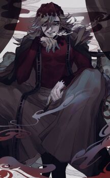 Rule 34 | 1boy, blonde hair, chinese commentary, commentary request, douma (kimetsu no yaiba), hair between eyes, highres, kimetsu no yaiba, long hair, looking at viewer, male focus, ou syoku7, patterned hair, red shirt, shirt, smile, solo, teeth, tight clothes, tight shirt, toned, toned male