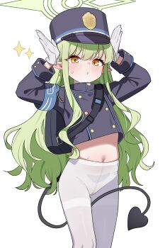 1girl :o absurdres armband black_hat black_jacket blue_archive blue_armband blush demon_tail gloves green_hair green_halo halo hands_up hat highres hikari_(blue_archive) jacket loli long_hair looking_at_viewer midriff navel pantyhose pointy_ears saho_4545 simple_background standing sweat tail white_background white_gloves white_pantyhose yellow_eyes