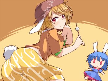 Rule 34 | 1girl, :>, :t, animal ears, ass, blonde hair, blush, character doll, dango, doll, dress, eating, flat cap, floppy ears, food, hat, hemogurobin a1c, looking at viewer, lying, on side, orange shirt, rabbit ears, rabbit tail, red eyes, ringo (touhou), seiran (touhou), shirt, short hair, short sleeves, shorts, tail, touhou, wagashi, yellow shorts