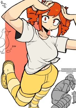 1girl arms_up artist_name birdbrain_(synthesizer_v) bone_nigi breasts crocs dated drill_hair green_pantyhose green_sandals green_shorts hands_on_own_head highres kasane_teto medium_breasts navel pantyhose red_hair sandals shirt short_hair short_sleeves shorts solo translation_request twin_drills twitter_username utau white_shirt