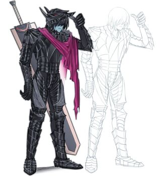 1other androgynous armor berserk berserker_armor black_armor blue_skin cloak colored_skin deltarune dragonslayer_(sword) full_armor full_body highres honmshi kris_(dark_world)_(deltarune) kris_(deltarune) short_hair solo torn_cloak torn_clothes utdr_(toby_fox) white_background