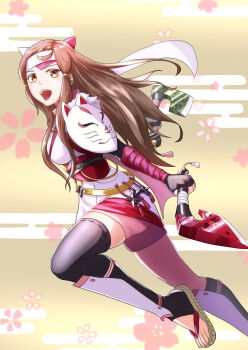 Rule 34 | 1girl, asymmetrical legwear, axe, battle axe, brown eyes, brown hair, dual wielding, fingerless gloves, fire emblem, fire emblem fates, fire emblem heroes, fox mask, gloves, hana (fire emblem), hana (ninja) (fire emblem), headband, highres, holding, holding axe, japanese clothes, long hair, looking at viewer, mask, mask on shoulder, mouth mask, ninja, ninja mask, nintendo, official alternate costume, shin guards, shuriken, sidelocks, sukkirito (rangusan), uneven legwear, weapon